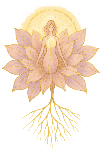 Ilustración artística representando una mujer conectada con la vida a través de sus raíces, de forma cuántica.